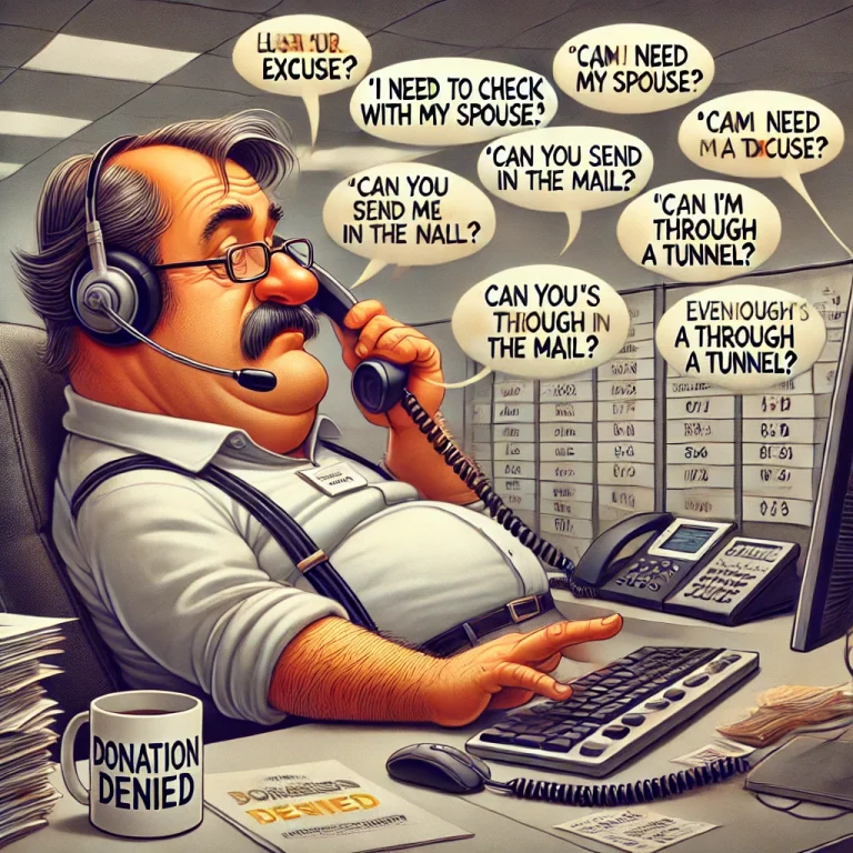 A humorous cartoon-style illustration of a 55-year-old man, slightly overweight, bald on top with hair on the sides, leaning back in an office chair at a call center. He wears a headset and has an exasperated yet amused expression as he listens to excuses from callers on his computer screen. The desk is cluttered with call logs, and a coffee mug labeled "Donation Denied" sits beside him.