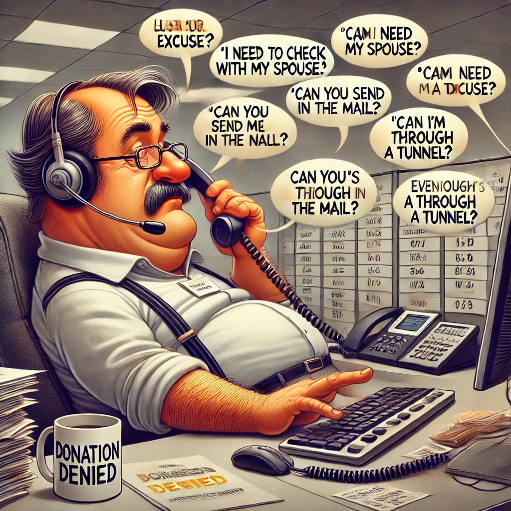 A humorous cartoon-style illustration of a 55-year-old man, slightly overweight, bald on top with hair on the sides, leaning back in an office chair at a call center. He wears a headset and has an exasperated yet amused expression as he listens to excuses from callers on his computer screen. The desk is cluttered with call logs, and a coffee mug labeled "Donation Denied" sits beside him.