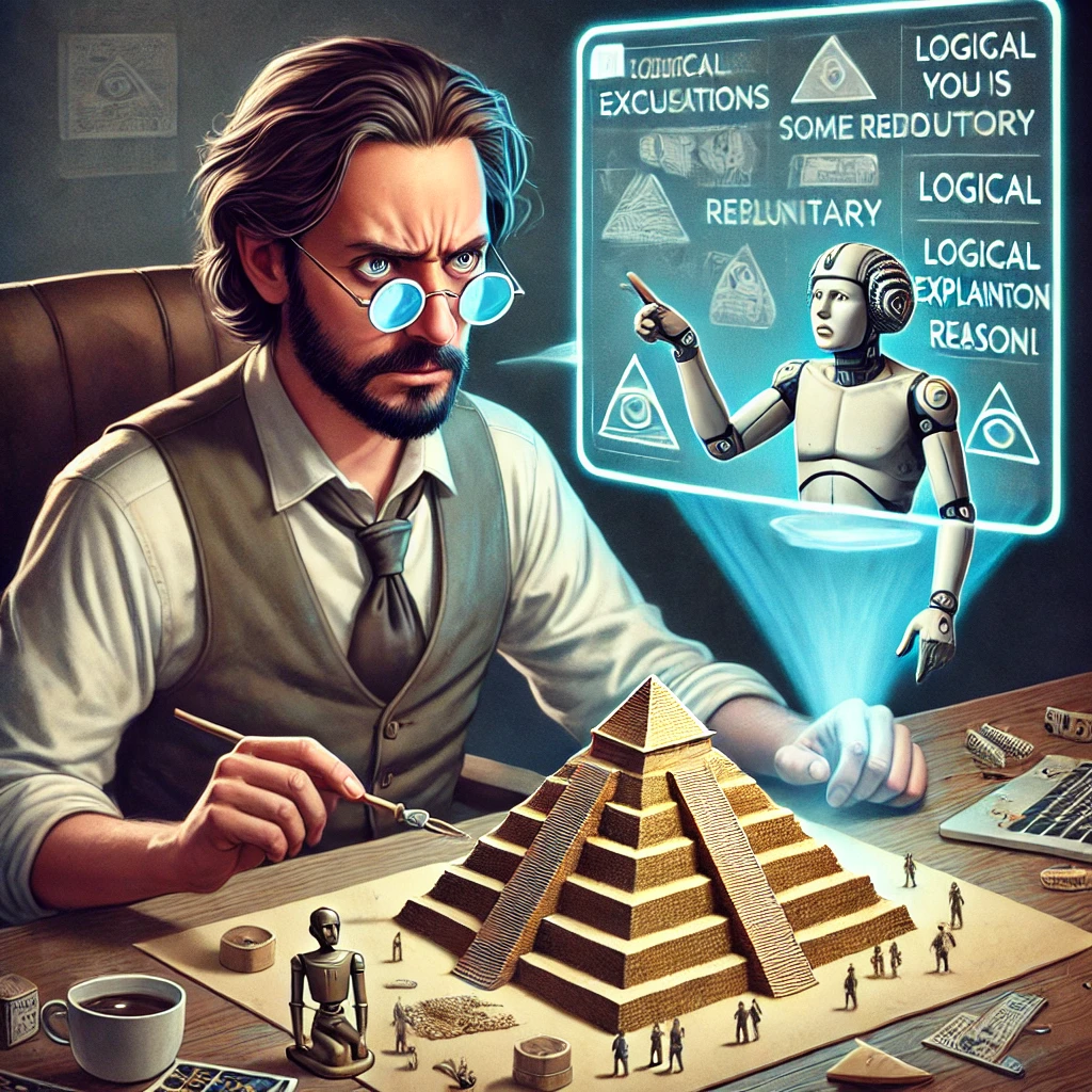 A-humorous-digital-illustration-of-a-man-sitting-at-a-table-meticulously-building-a-model-of-the-Egyptian-pyramids