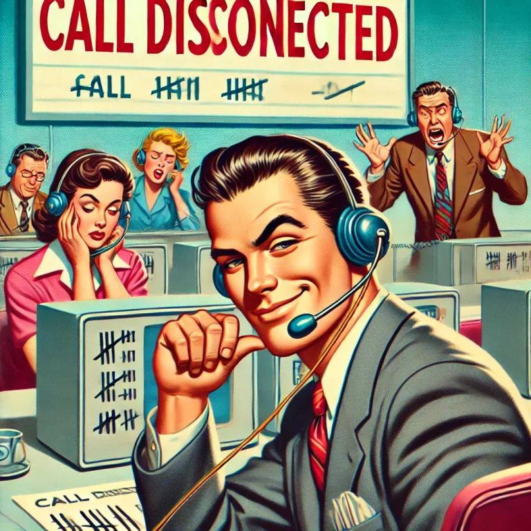 A humorous illustration of a telemarketer confidently taking calls, completely unfazed by the constant hang-ups